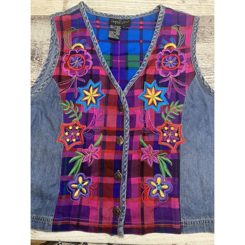 Vintage Carole Little Vest Women's Large Denim Embroidered Flower Metallic USA